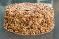 Beautiful nut biscuit cake finished with crushed sugar-coated candied caramelized almonds on a glass table Royalty Free Stock Photo