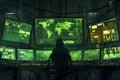 Cybersecurity expert in high-tech control room with multiple monitors and world map display Royalty Free Stock Photo