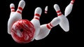 Dynamic bowling strike: red and white ball knock down pins in action Royalty Free Stock Photo