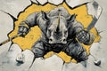 Menacing rhino breaking through wall in dynamic comic style art Royalty Free Stock Photo