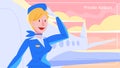 Beatiful smiling stewardess standing in front of the airplane.