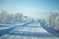 A Beatiful Winter Scenery With A Road. Woods In Norway.