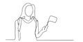 Beatiful woman holding a flag vector line drawing. Girl with a small flag standing illustration.one line vector illustration.