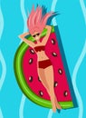 Beatiful woman swimming on water matress. Vector illustration