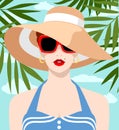 Beatiful woman wearing large sun hat, sunglasses and fashionable summer dress Royalty Free Stock Photo