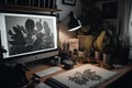 Beatnik artist workspace plants and canvas documentary. Illustration AI Generative