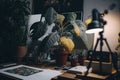 Beatnik artist workspace plants and canvas documentary. Illustration AI Generative