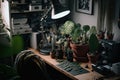 Beatnik artist workspace plants and canvas documentary. Illustration AI Generative