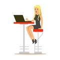 Beatuful blond woman sitting on a high chair and using laptop at high desk, colorful character vector Illustration