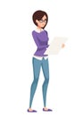 Beaty women in glasses standing and hold white paper list. Cartoon character design. Cute brown hair girl. Flat 