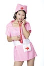 Chinese woman dressed as nurse isolated on white background