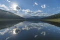 Summer day landscape. Lake landscape on a foggy morning Royalty Free Stock Photo