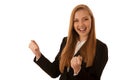 Beauiful business woman gesture success with her arms isolated o