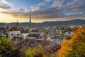 Beauitful sunset over Zurich in autumn with FraumÃÂ¼nster church