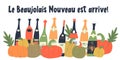 Beaujolais Nouveau has arrived the inscription in French. Vector illustration with bottles of young wine, bright orange pumpkins Royalty Free Stock Photo