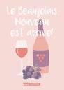Beaujolais Nouveau poster with wine bottle, grape and text.