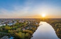 Beauriful sunset view along the Iset river and rocks in town Kamensk-Uralskiy. A scenic sunset at the river. Kamensk-Uralskiy,
