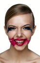 Beaury evil Girl scary laughs. Smeared Mascara and Lipstick Royalty Free Stock Photo