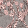 Beauteous coral tulips with butterflies seamless pattern