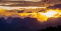 Stunning sunset behind limestone mountains. View from the Tiger Cave Temple Wat Tham Sua, Krabi Thailand Royalty Free Stock Photo