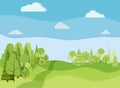 Beautiaful spring or summer landscape background with green trees, spruces, fields, road, clouds