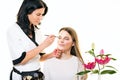 Beautician applying eye makeup to a pretty woman. Royalty Free Stock Photo