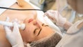 Beautician applying Radio frequency skin tightening treatment on woman& x27;s face with special device in beauty salon Royalty Free Stock Photo