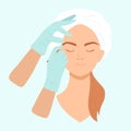 The beautician corrects the woman`s eyebrow shape. Cosmetological procedure in a beauty salon. Vector illustration in a flat styl