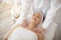 Beautician Doctor Making Relaxing Massage To Attractive Indian Woman In Spa Salon Royalty Free Stock Photo