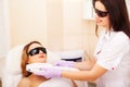 Beautician Giving Laser Epilation Treatment To Young Woman`s Face At Beauty Clinic. Royalty Free Stock Photo