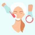 Beautician makes a face mask to a young woman. Cosmetological procedure in a beauty salon. Vector illustration in a flat style Royalty Free Stock Photo