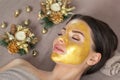 Beautician makes a golden mask to rejuvenate the skin to beautiful woman. Next to her are Christmas decorations.New Year`s and Royalty Free Stock Photo