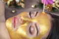 Beautician makes a golden mask to rejuvenate the skin to beautiful woman. Next to her are Christmas decorations.New Year`s and