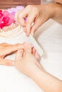 The beautician polish the client`s nails before putting nail polish Royalty Free Stock Photo