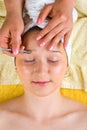 Beautician tweezing woman eyebrows