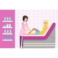 Beautician waxing woman leg at spa or beauty salon. Colorful cartoon character vector Illustration Royalty Free Stock Photo