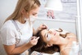 Beautician working on upgrading silk eyelashes in a beauty studio.