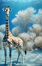 beautifful giraffe diving under water in ocean with huge white coral. close up. Digital conceptual artwork. Ai generated