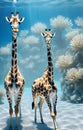 beautifful giraffes diving under water in ocean with huge white corals. close up. Digital conceptual artwork. Ai generated