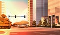 Beautifil city street asphalt road with traffic light high skyscraper modern cityscape sunset background flat horizontal