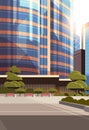 Beautifil city street sunrise skyline high skyscrapers modern cityscape background flat vertical closeup