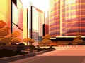 Beautifil city street sunset skyline high skyscrapers modern cityscape background flat horizontal