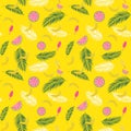 Beautifil Summer Seamless Pattern Background with Palm Tree Leaf Silhouette, Watermelon, Banana and Ice Cream. Vector