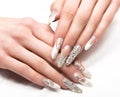 Beautifil wedding manicure for the bride in gentle tones with rhinestone. Nail Design. Close-up Royalty Free Stock Photo