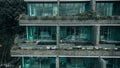 A beautiful abandoned hotel on the mountain. Plants on balconies. Royalty Free Stock Photo