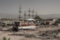 Beautiful abandoned pirate ship on land