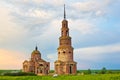 Beautiful abandoned Trinity Church and bell tower in the Russian Village Novotroitskoye, Lipetsk region