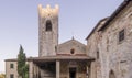 The beautiful Abbey of San Lorenzo in Coltibuono with the sun setting in the background, Tuscany, Italy Royalty Free Stock Photo