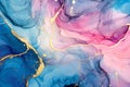 Beautiful abstract background with an alcohol ink marble pattern in blue and pink colors, with golden cracks lines, watercolor Royalty Free Stock Photo