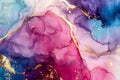 Beautiful abstract background with an alcohol ink marble pattern in blue and pink colors, with golden cracks lines, watercolor Royalty Free Stock Photo